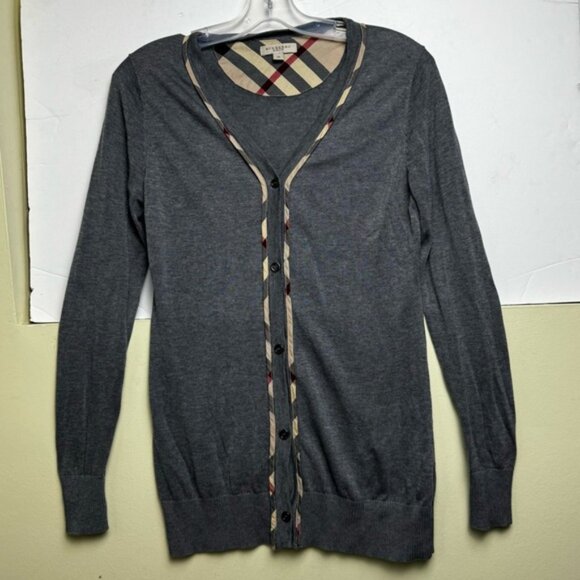 Burberry Brit Nova Check Trim Wool Cardigan Sweater V Buttons Lightweight Soft M - Picture 3 of 16